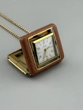 Vintage Swiss Pendant Watch Leather Flip Case SEMCA 17 Jewel Necklace 23"