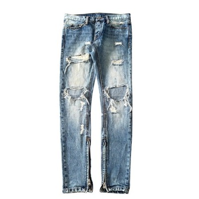 MNML Jeans Men's Size 30x32 Blue Distressed Slim Straight Faded Ankle Zip Tag 28