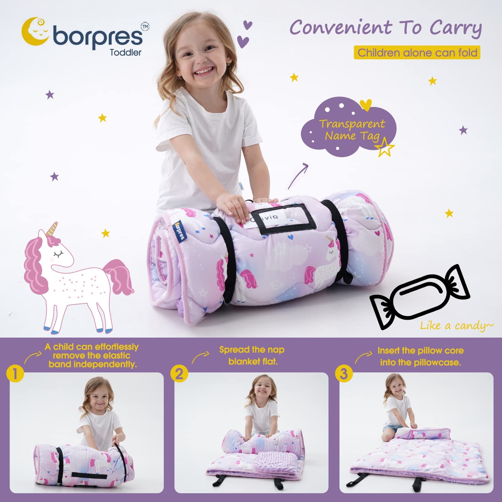 Nap Mat with Pillow Blanket Set: Purple Pink Unicorn Sleeping Mats for Toddle...