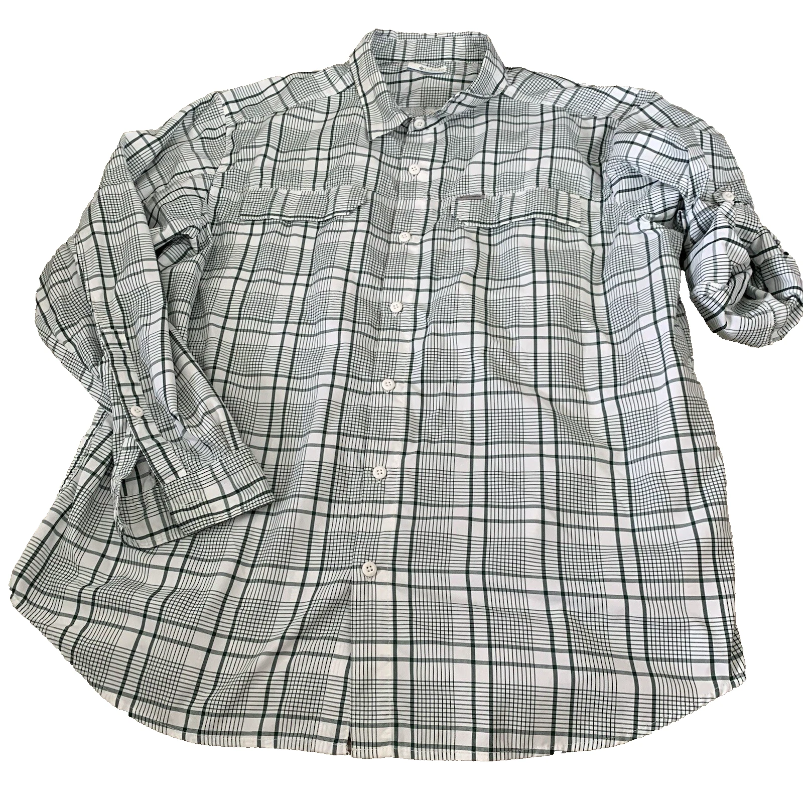 Columbia Fishing Shirt Men XL Green White Plaid Vented Nylon Lightweight Roll-Up