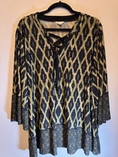 Cato Plus Size Olive/Black Geometric Bell Sleeve Blouse Size 22/24