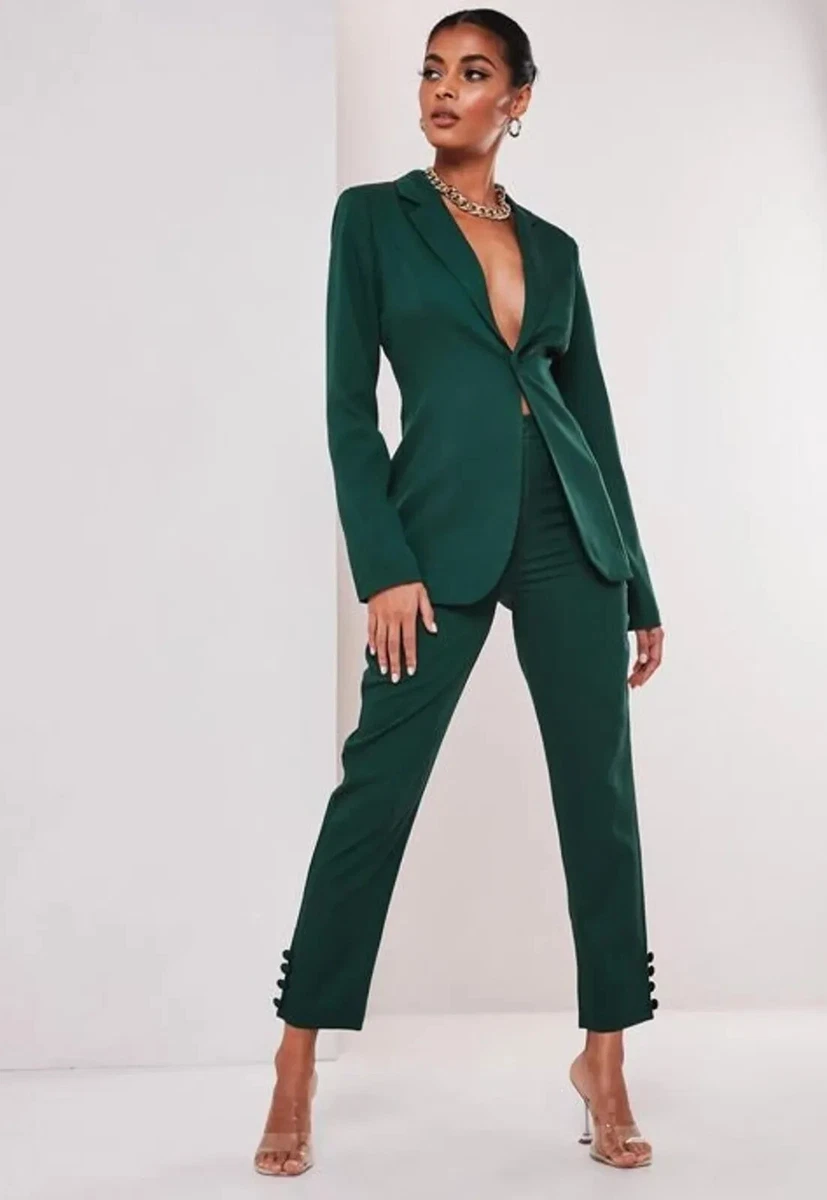 Women 2pc Green Pant Suit Custom Single Breasted Premium Cotton Notch Lapel