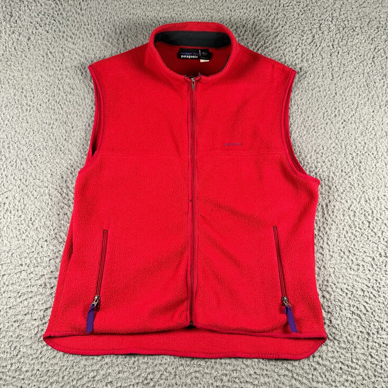Vtg Patagonia Vest Mens Large Red Full Zip Outdoor Fleece Made In USA Flaw