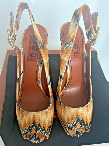 MISSONI 37.5 7.5 Brown Textile ZigZag Platform Slingback Sandals Pumps Chunky - Picture 14 of 19