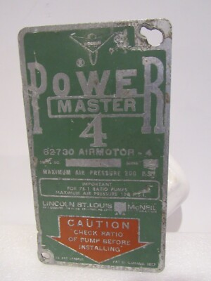 #ad Vintage Power Master Airmotor Pump Pressure Data Spec Plate Metal Emblem McNeil $55.00