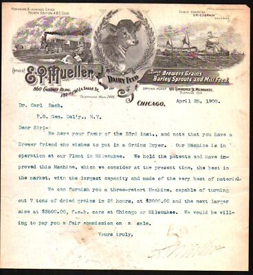 E P Mueller - Beer Grains for Breweries  - Chicago 1900  - Rare Letter Head Bill