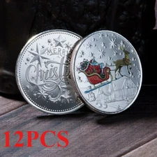 12PCS Santa Claus Commemorative Coin Sliver Embossed Medals Christmas Small Gift