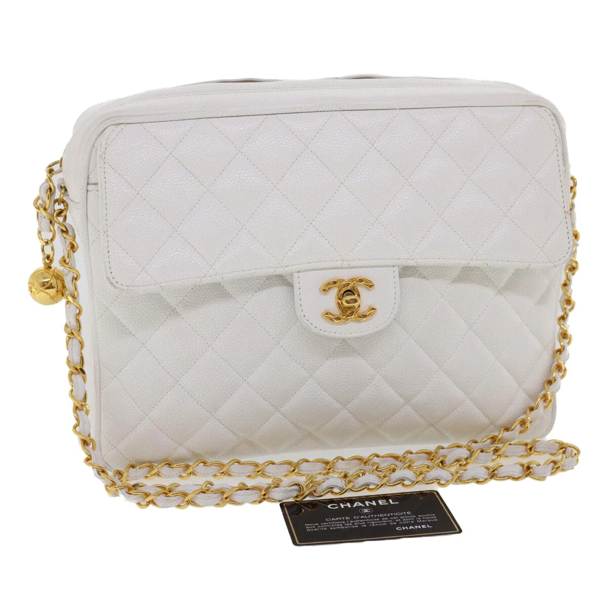 CHANEL Matelasse Chain Shoulder Bag Caviar Skin Gold White CC Auth am1370gA