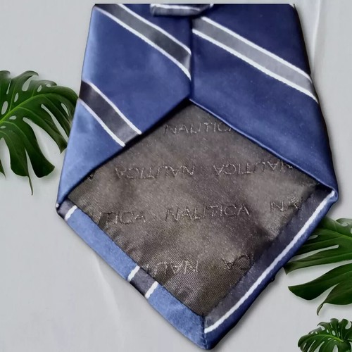 Nautica Silk Necktie, 55" X 4", Blue/Black/Silver Striped. NB-3 - Picture 4 of 5