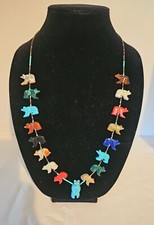 Vintage Zuni Multi Gem Stone Sterling Fetish Bear Necklace