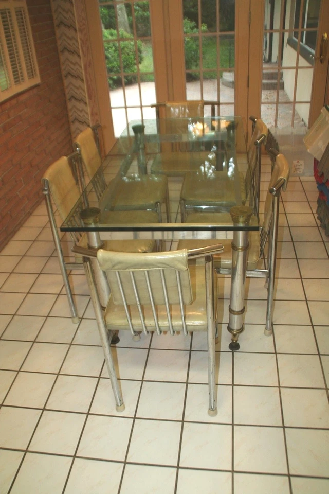 Mesa de comedor Maison Jansen años 60 de acero y latón Foto 3 de 4