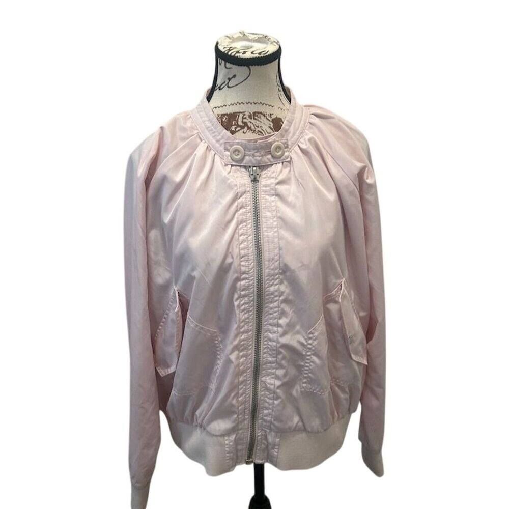 Free People Pink Satin Bomber Jacket Lightweight Full Zip Collar L Swan