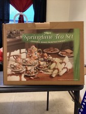 New 1999 Mercuries Springtime Ceramic Tea Set 19 Pc Hand Painted Bunny  Flowers