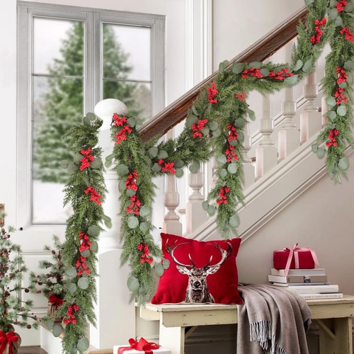 6ft Artificial Christmas Cedar Garland with Eucalyptus Leaves, Red Berries Wi... - Picture 6 of 7