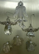 6 Christmas Angel Ornaments: Clear Acrylic Crystal, Silver Metal Filigree