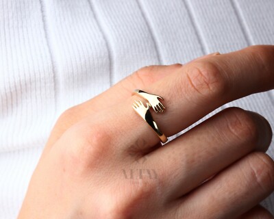 14K Gold Hug Ring, Unique Love Hugging Hands Ring, Hug Gold Ring, Dainty  Hand