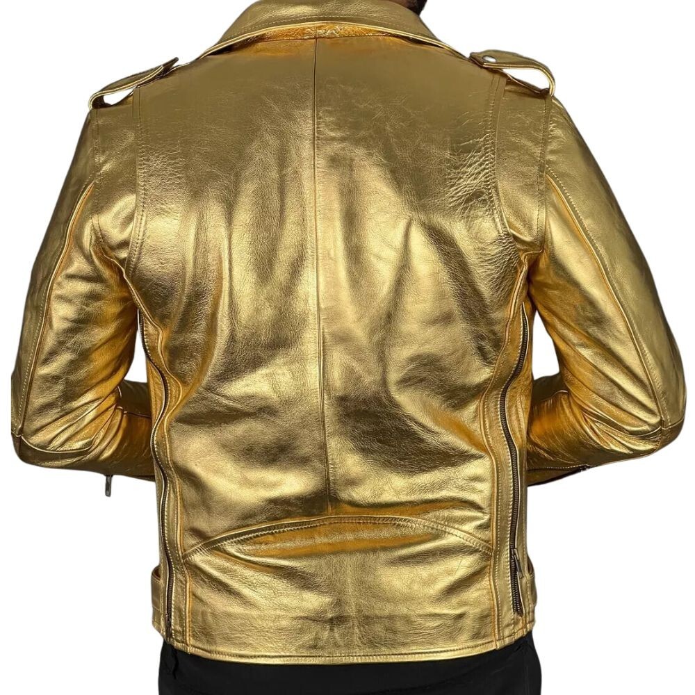 【関税・送料込み】GOLDEN LEATHER JACKETS Men's Gold Genuine Cowhide Leather Biker Jacket with Golden