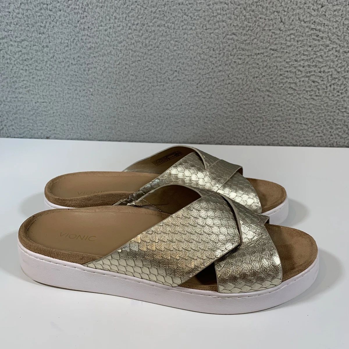 Vionic Womens 10 Lou Gold Metallic Leather Slide Sandals Criss Cross Orthotic