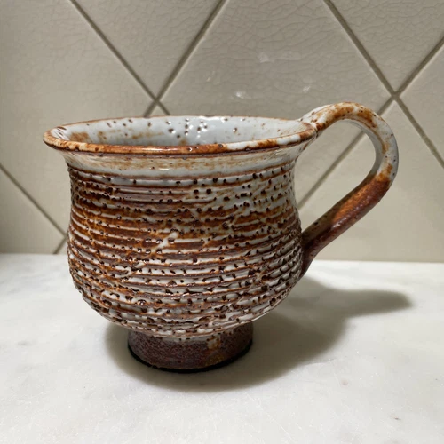 Vintage Hand Thrown Glazed Coffee Soup Mug  Signed 3.5” Tan Brown
