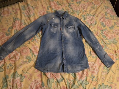 dsquared2 Western Denim Shirt Pearl Snap Sz Eu 50 Distressed Paint Splatter  