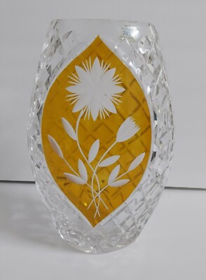Vintage Julia Poland Amber Hand Cut 24% Lead Crystal 9 1/2'' Vase Floral Design