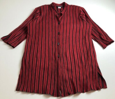 Gloria Lance Button Up Shirt Women's 2X Plus Red Black Striped 3/4 Sleeves Tunic