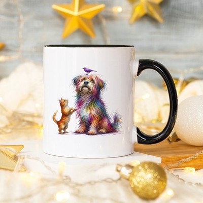 Regenbogen Hund Katze lila Vogel Unisex 11 Unzen Keramiktasse Haustierliebhaber Tierkunst Geschenk