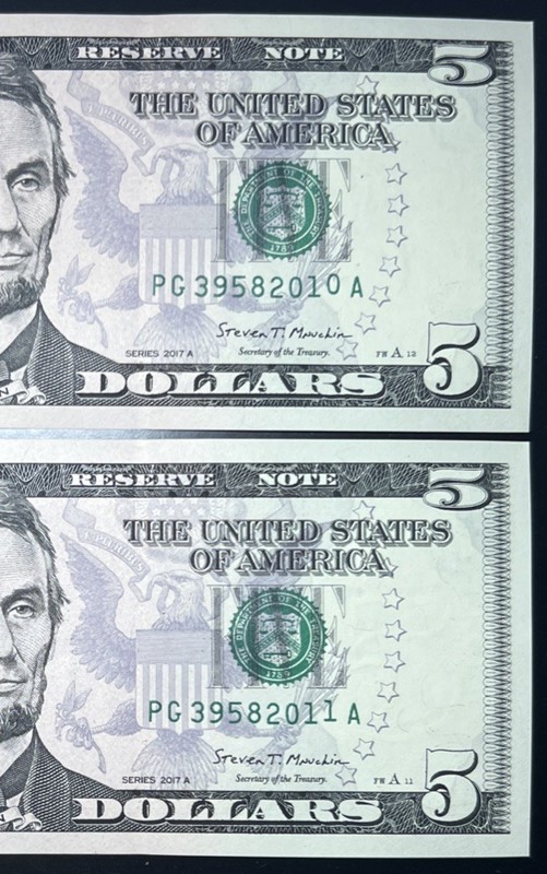 (2) Consec 2017A $5 Federal Reserve Note-Misaligned Digit Error-EPQ Gem Unc
