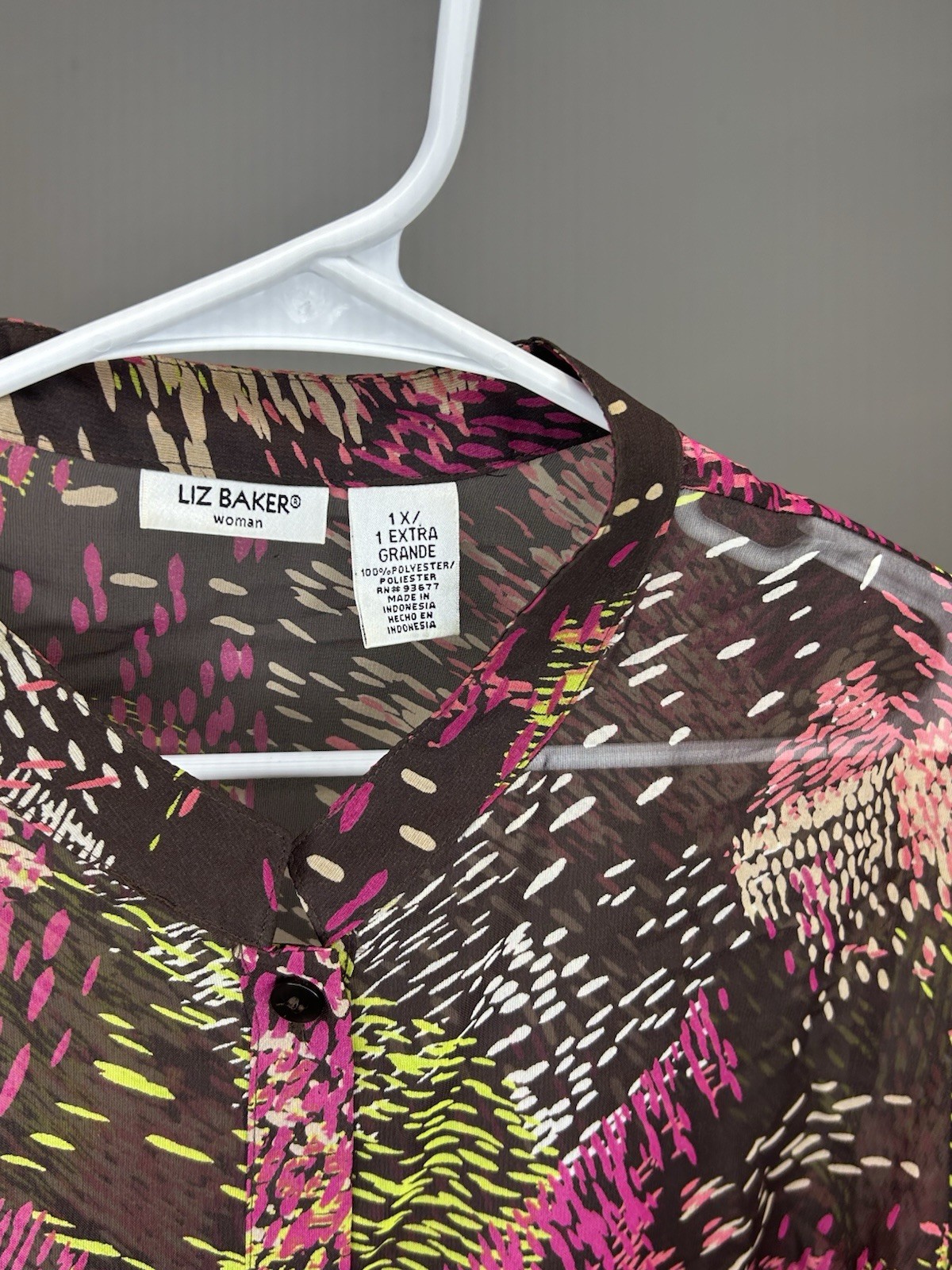 Liz Baker Multicolor Patterned Sheer Button-Up Tu… - image 4