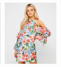 Alice & Olivia Size XS Floral Fields Mini Dress Silk Blend Cold Shoulder Spring