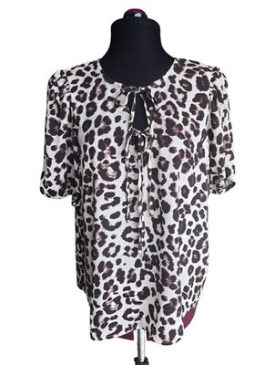 NAT CeCe Brown and Cream Leopard Print Short Sleeve Blouse Size S Work Career 