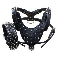 PU Leather Spiked Studded Dog Collars, Harnesses 2Pcs Matching Set for Medium...
