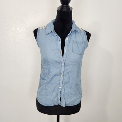 Epic Threads Shirt Top Blouse Button Up Collared Neck Womens L Blue Cotton