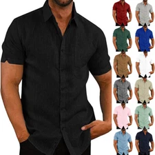 Mens Cotton Linen Shirts Summer Short Sleeve Casual Loose Tops Buttons T-shirt