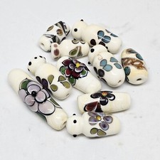 Lot Of 10 Handmade Artisan Lampwork Glass Beads White Cream Purple Flower Bar