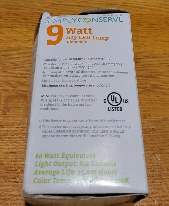 Simply Conserve LED Light Bulb 9 Watt 60 Watt Equivalent Dimmable Lamp