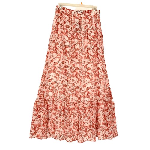 Lulus Floral Print Tiered Maxi Skirt Women's Sz Med NWT! White Pink Red Lined