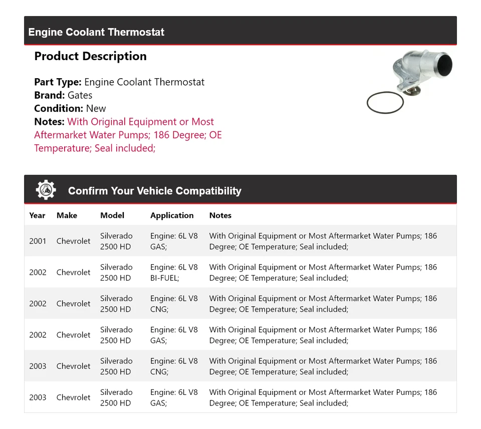 For 2001-2003 Chevrolet Silverado 2500 HD Engine Coolant Thermostat Gates 2002 - Image 2 of 4