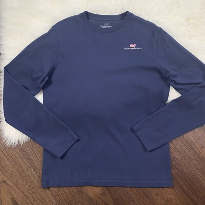 Vineyard Vines Boys Size 16 Navy with Pink Logo Long Sleeve Crew Neck  T-Shirt