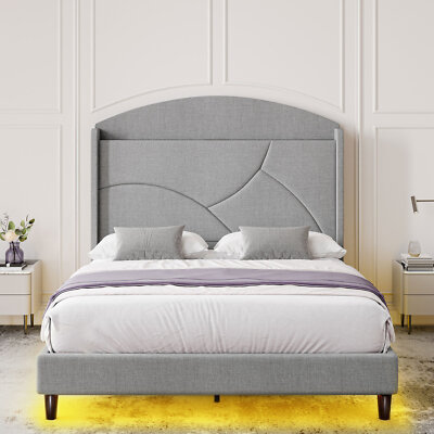 Queen Bed Gray Linen Upholstered LED Light Home Bedroom Furniture