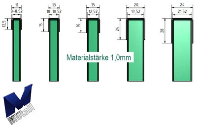 Einfassprofil U-Profil 1,0mm für Glasbrüstung ESG und VSG Glas 8 bis 21,52 mm.