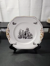 Royal Chelsea England Black Transfer & Gold Farm Scenes Cake Plate 9.5"   1940s