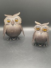 Vintage Copper Metal And Glass Owls