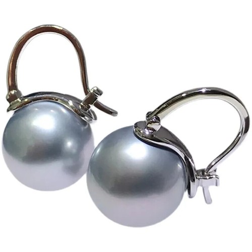 10-11mm AAA+Tahitian GreySouth Sea Round Pearl Earrings with 18K AU750 Platinum - Picture 3 of 7