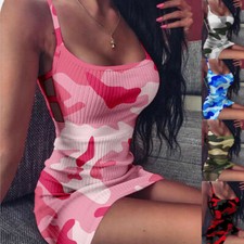 Women Spaghetti Strap Knit Bodycon Short Mini Dress Camouflage Sexy Party Club