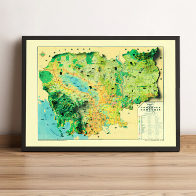 Cambodia Map, Cambodia 2D Relief Map, Cambodia Vintage Map - 2D Flat