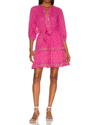 Cleobella Demi Pink Floral Smocked Ruffle Tiered Mini Dress Size XS