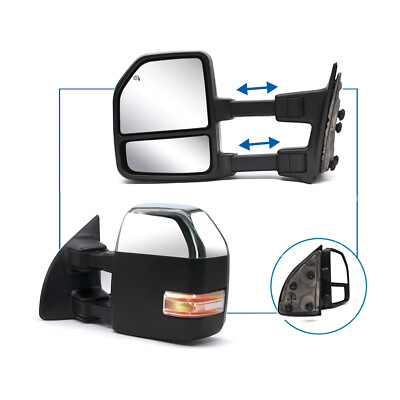 Towing Mirrors For 99-16 Ford F250 F350 SD Power Heated Turn Signal Chrome Cap