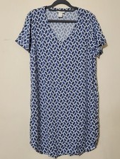 H&M L.O.G.G. Womens Dress Size 4 White Blue Leaf Print Tunic V Neck