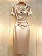 Champagne Satin Twist Neck Short Sleeve Midi Dress for Elegant Occasions